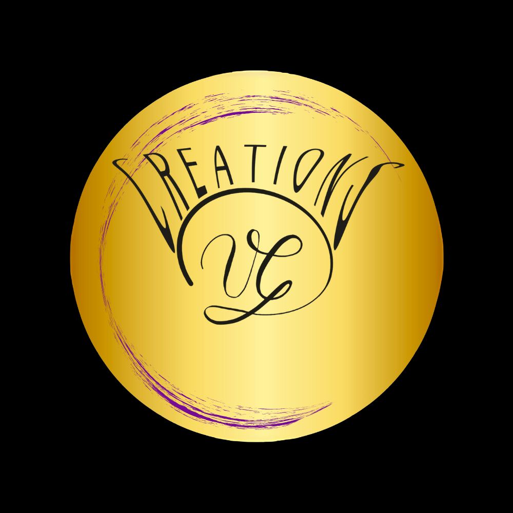 Logo for Creations VG featuring elegant typography on a gold circular background.